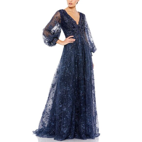 Mac Duggal WomensEmbellished Plunge Neck Puff Sleeve A-Line...